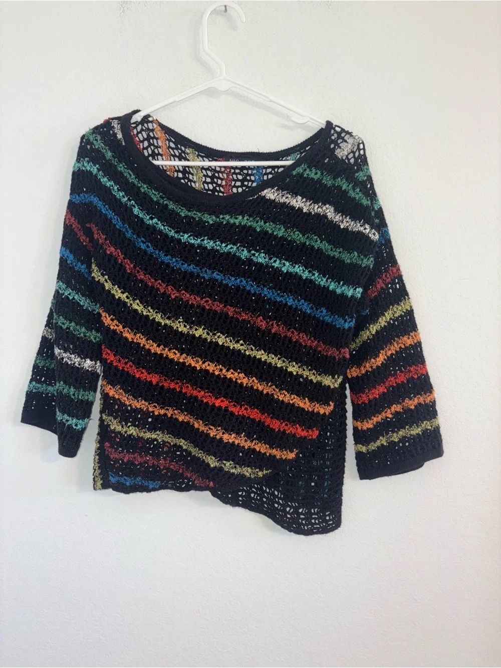 NIC+ZOE Rainbow Striped Open Knit Crochet Pullover Sweater